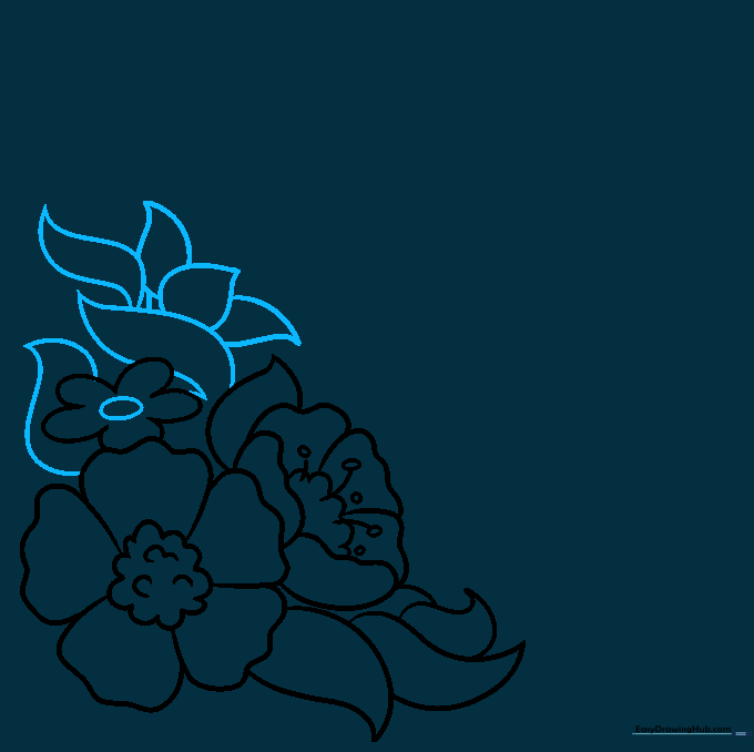 Drawing showing a daisy flower being added to the existing floral arrangement.