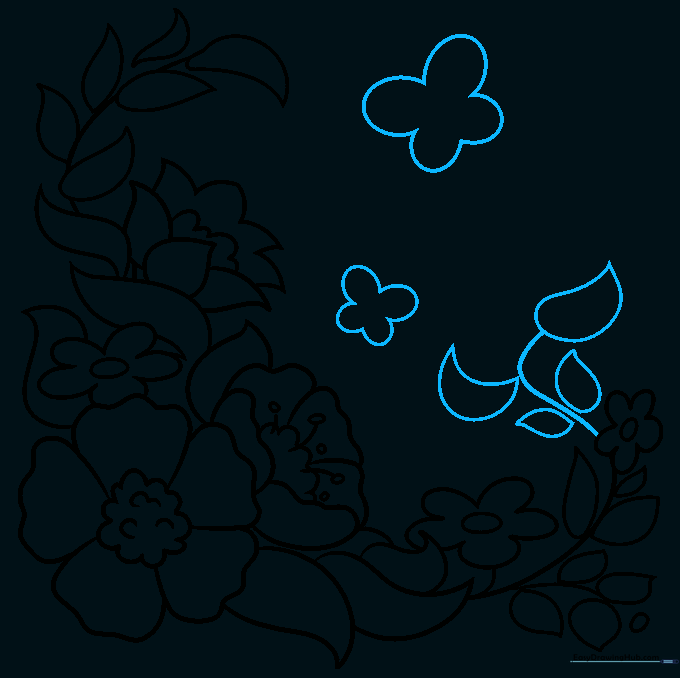 Drawing showing cartoon butterflies added to the floral design for extra detail.