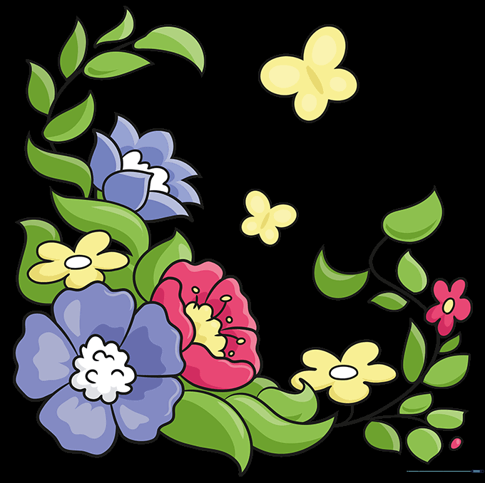 A fully colored, vibrant floral design with butterflies.