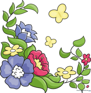 A colorful, finished floral design illustration featuring multiple flowers and butterflies.