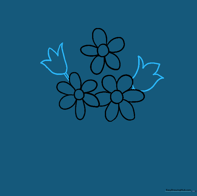 Adding tulip shapes with stems to the existing flower cluster.