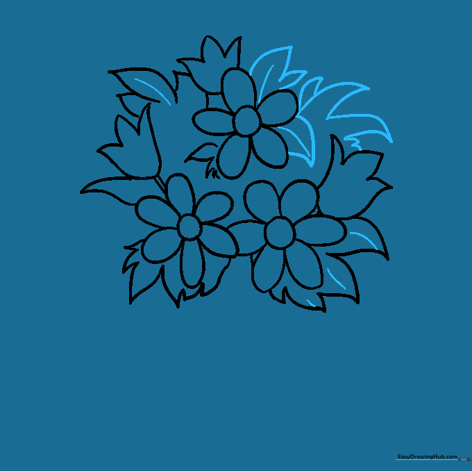 Detailed leaves with central veins added to the bouquet.