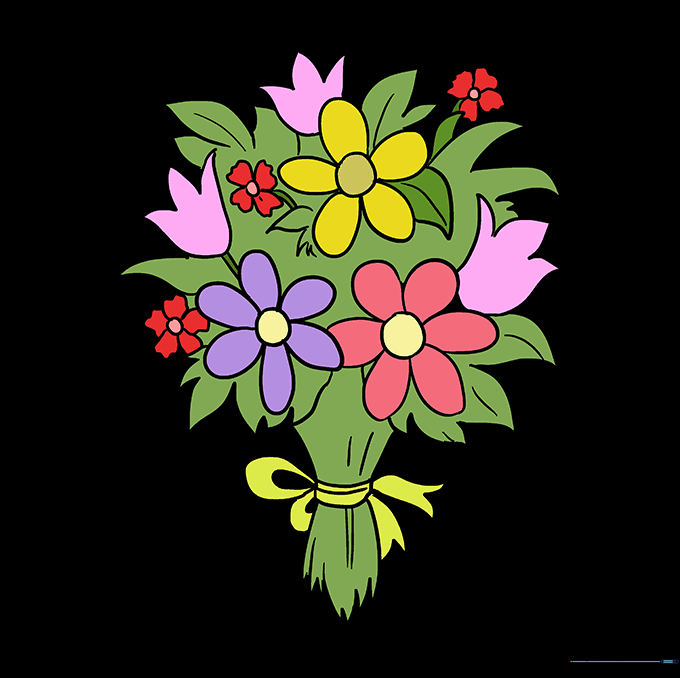 A finished, colored illustration of a beautiful flower bouquet.
