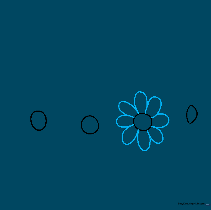 Drawing the first daisy by adding rounded petal shapes around a central guide circle.