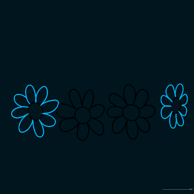 Four completed daisy-style flowers drawn in a horizontal row.