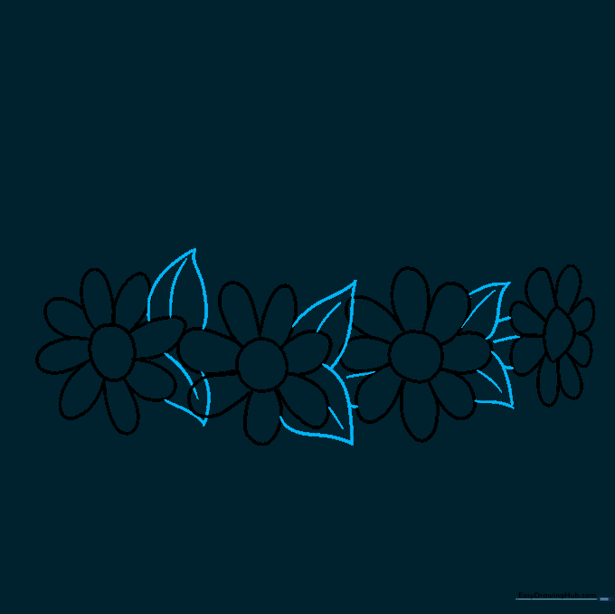 Adding pointed leaves with central veins between the flower blossoms.