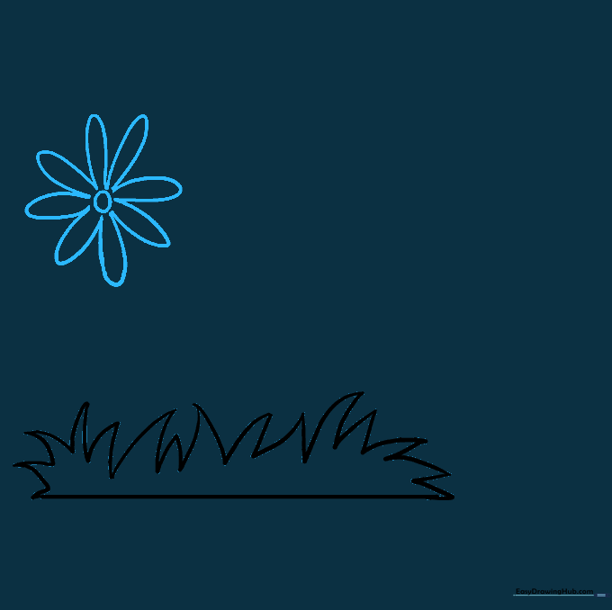 A simple daisy flower sketch with a circular center and rounded petals positioned above the grass line.