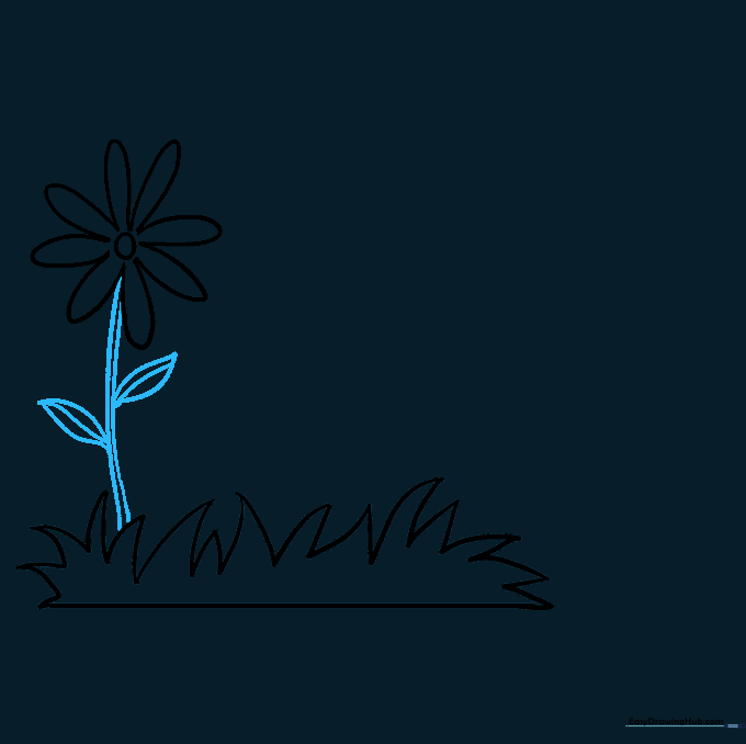 A daisy flower with a long stem and two pointed leaves featuring central vein details.