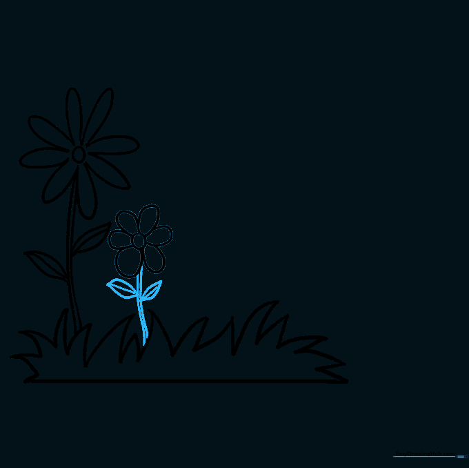 The smaller flower now has a stem and leaves connected to the grass base.