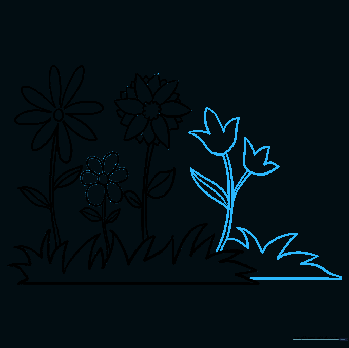 A garden scene with added tulips, creating a sense of depth and variety.