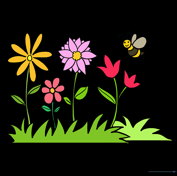The completed, colored-in flower garden drawing with a bee.