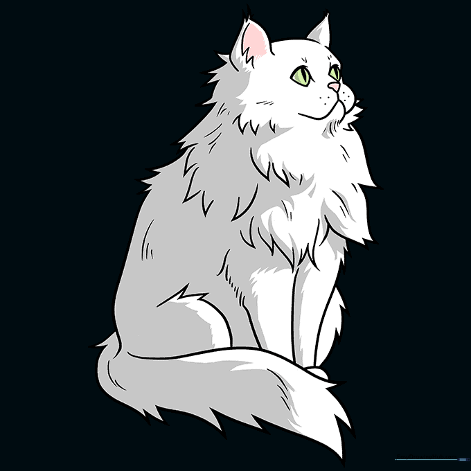A fully colored and shaded illustration of a fluffy white Persian cat with green eyes.