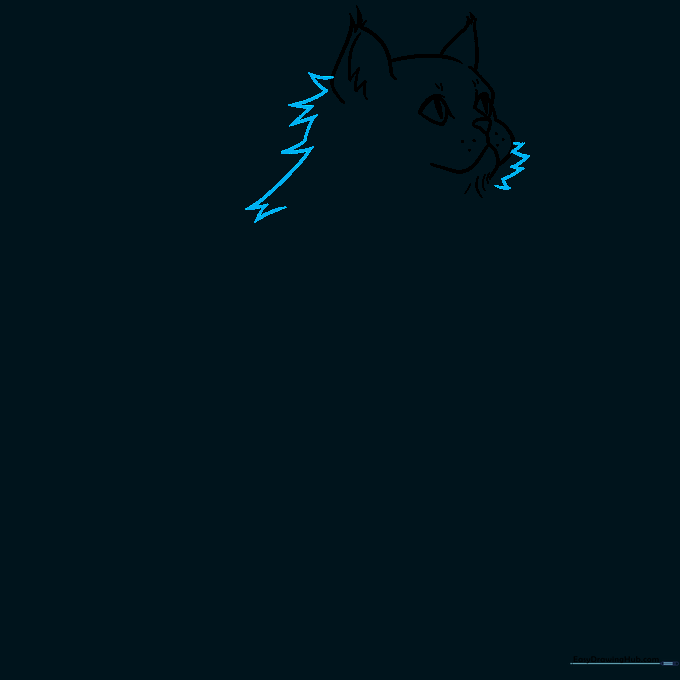 Drawing the neck area of the cat using jagged, fur-like lines.
