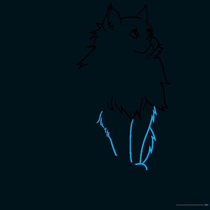 Outlining the cat's front legs and paws with fur texture details.
