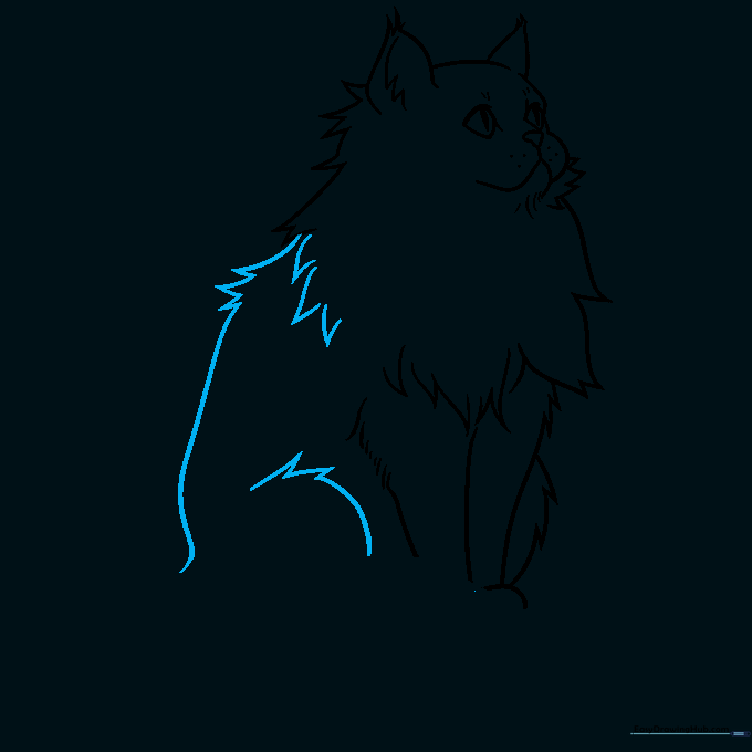 Sketching the cat's back and rear leg to complete the body silhouette.