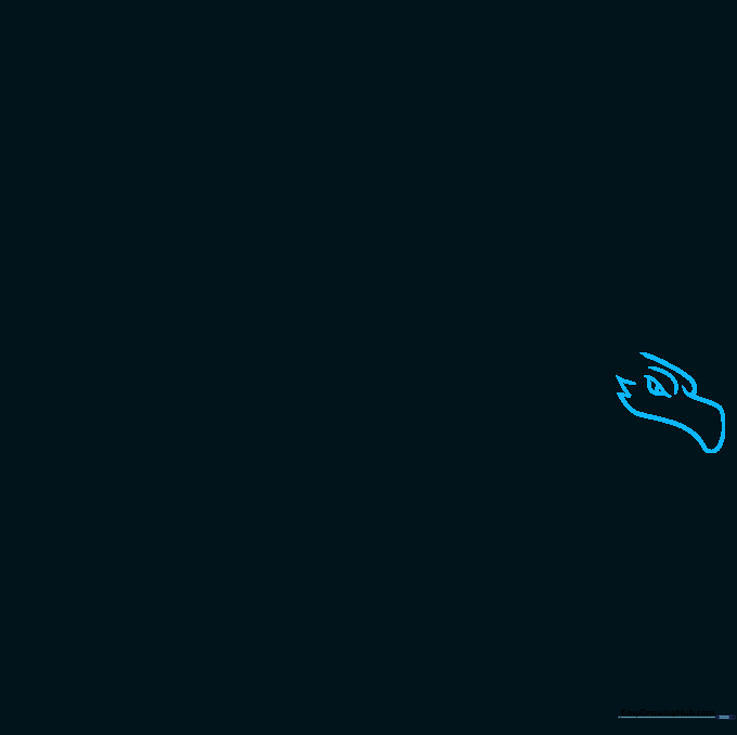 Line drawing showing the initial sketch of a dragon head and eye with light pencil guidelines.