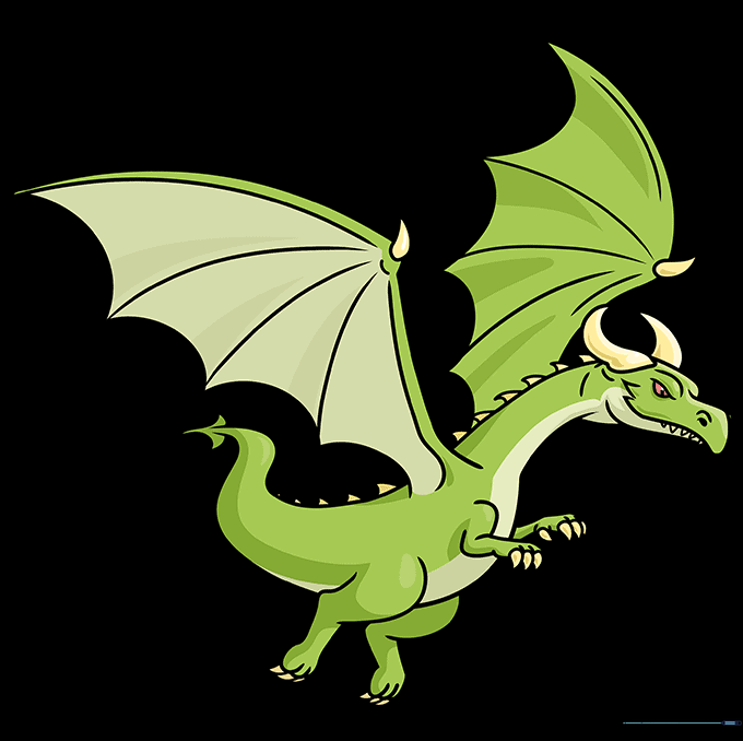 Finished, colored cartoon flying dragon with green skin, yellow horns, and red eyes.