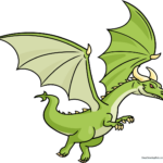 A vibrant, finished illustration of a friendly cartoon flying dragon soaring through the air.