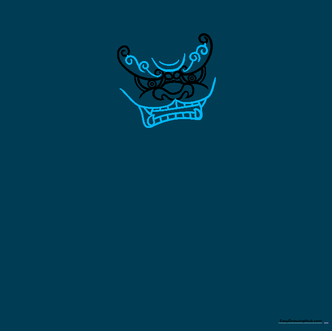 Detailed sketch of Foo Dog mouth showing rectangular teeth and sharp triangular fangs.