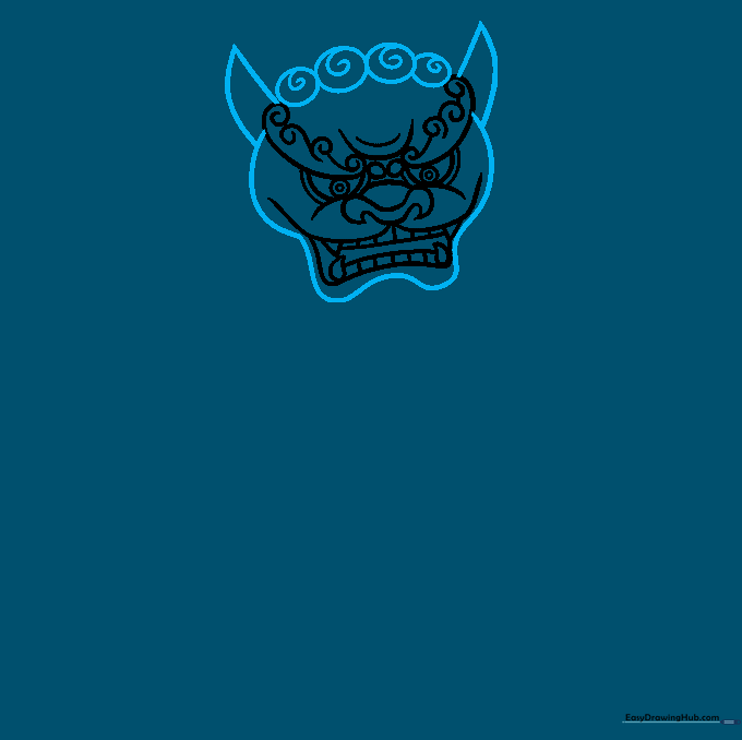 Drawing the head outline of the Foo Dog with triangular ears and swirling mane details.