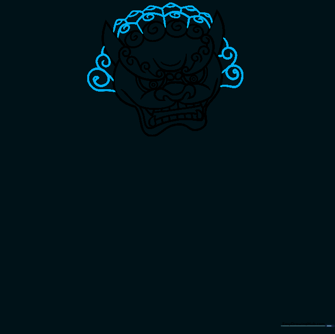 Adding decorative swirls and curved lines to the Foo Dog's mane area.