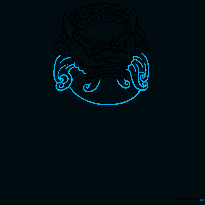 Defining the facial structure of the Foo Dog with deep, swirling cheek lines.