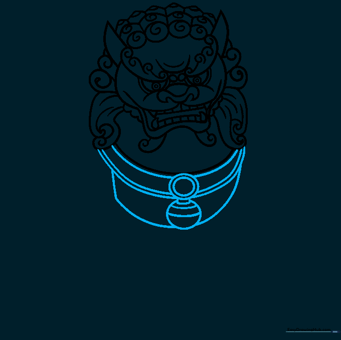 Sketching the chest and neck area of the Foo Dog with parallel lines and circular accents.