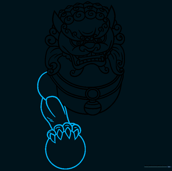 Detailed drawing of the Foo Dog's front paw with diamond-shaped claws.