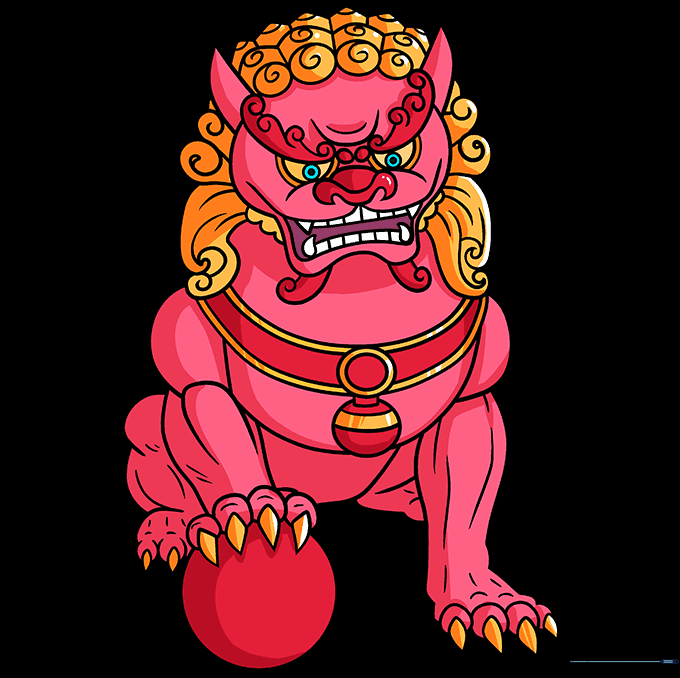 Final colored Foo Dog drawing with vibrant pink and orange color palette.