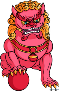 Colorful and complete Foo Dog illustration, showcasing the final result of the drawing tutorial.