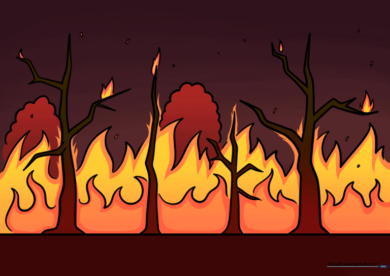 A completed, colorful cartoon forest fire drawing featuring trees and flames.