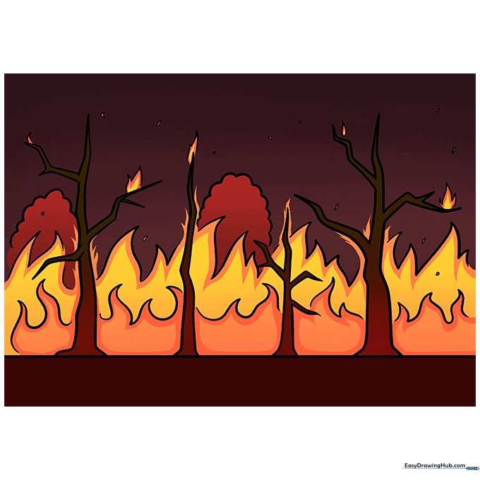 A fully colored, vibrant forest fire drawing with gradient shading.