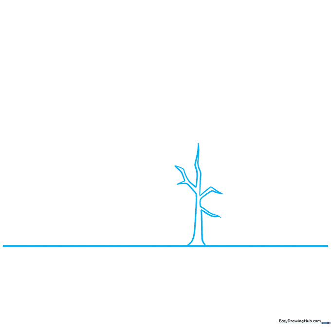 Pencil sketch of a single tall, triangular tree on a flat ground line.
