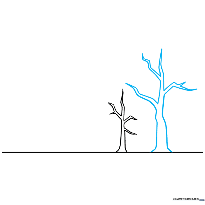 Adding a second, wider tree with jagged, lightning-bolt style branches.