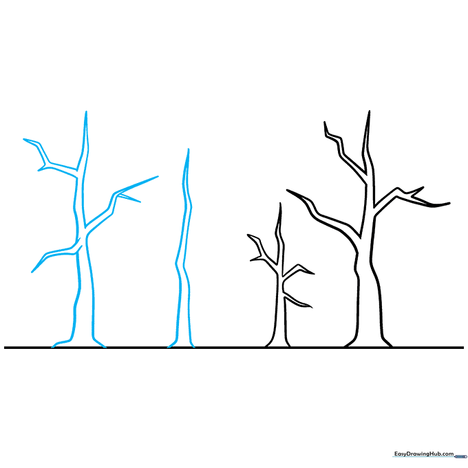Three trees of varying heights sketched together to form a small forest.