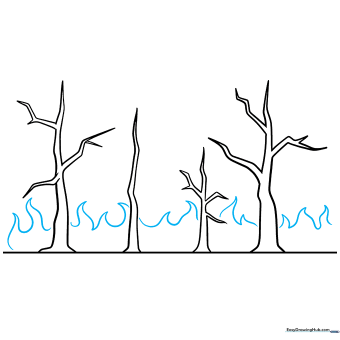 Adding loose, curvy flame shapes behind the tree line.
