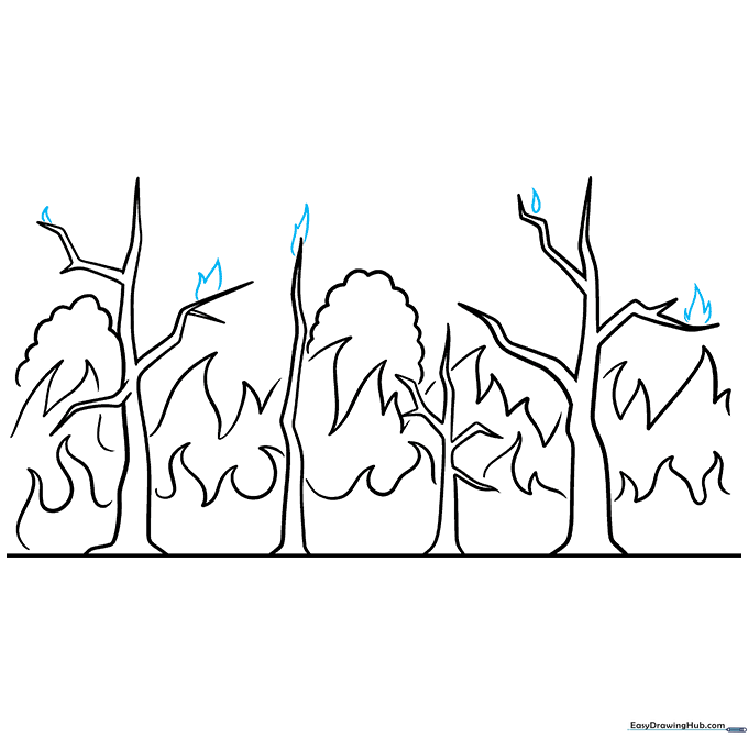Adding small flame details onto the tree branches.