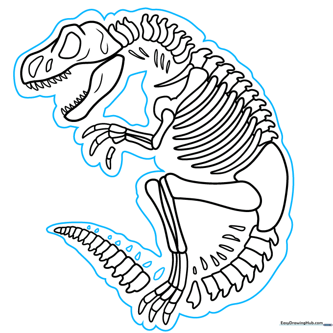 Darkening the outlines of the dinosaur bones for a finished look.