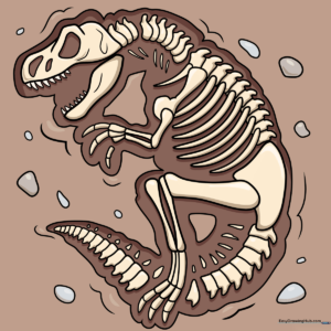 A complete, colored illustration of a dinosaur fossil embedded in rock.