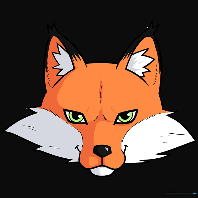 The final colored fox face with orange fur, white muzzle, and green eyes.