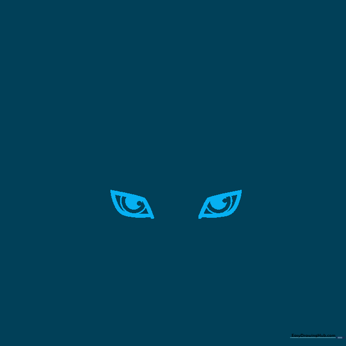 Close-up of two hand-drawn fox eyes with circular pupils and highlights on white paper.