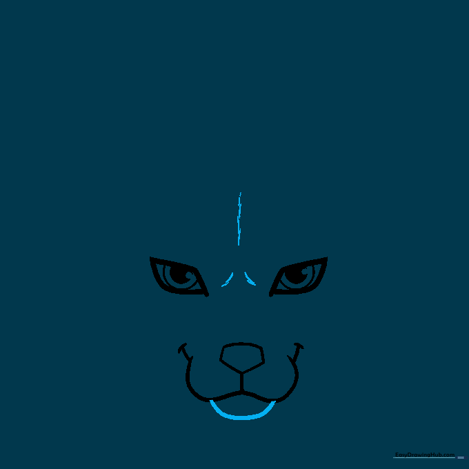 Drawing the chin line and fur texture guides on the fox's forehead.