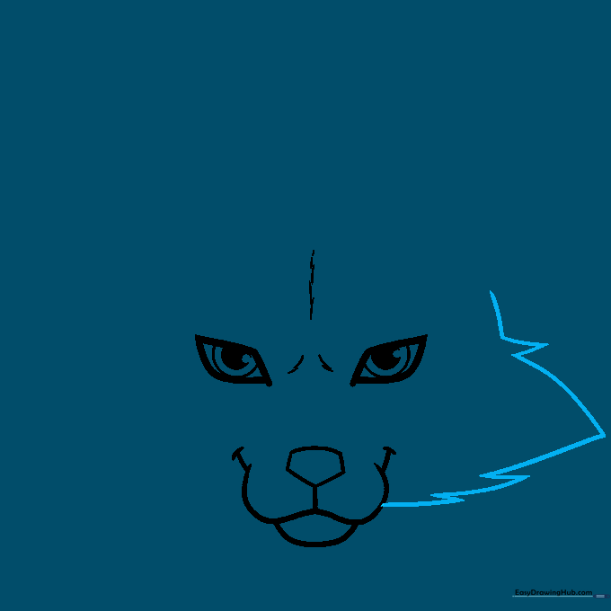 Pencil sketch of the right side of a fox face showing jagged fur lines.