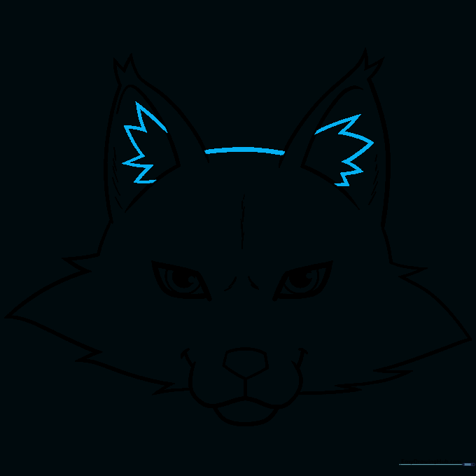 Completed pencil outline of the fox head with inner ear details.