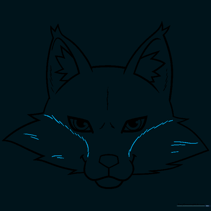 The fox face drawing fully outlined in black ink.
