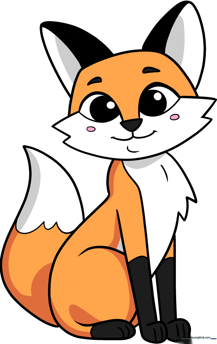 A friendly, finished cartoon fox drawing in a woodland setting