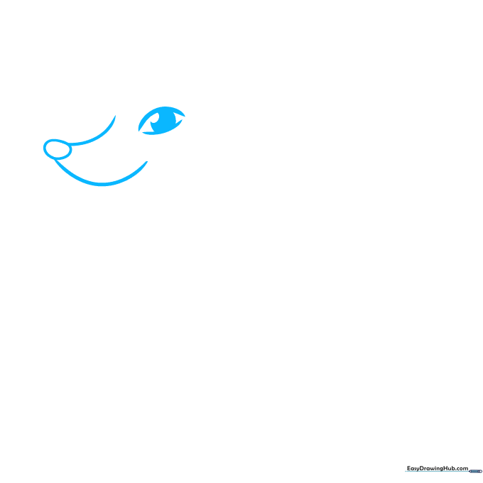 Close-up of a fox's face showing the eyes and nose drawn with simple curved lines on white paper.