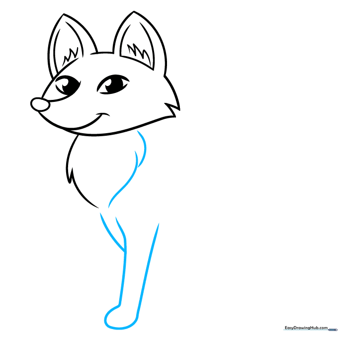 Drawing the fox's fluffy chest and front leg using overlapping curved lines.