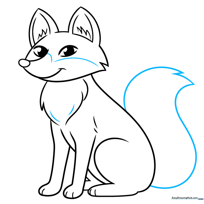Drawing a large, bushy fox tail with jagged fur texture.