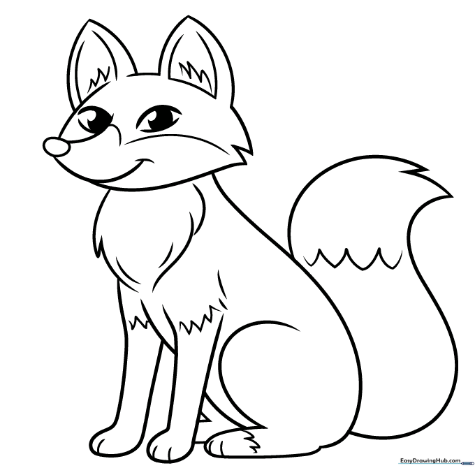 A fully drawn and colored cartoon fox with orange, white, and black details.